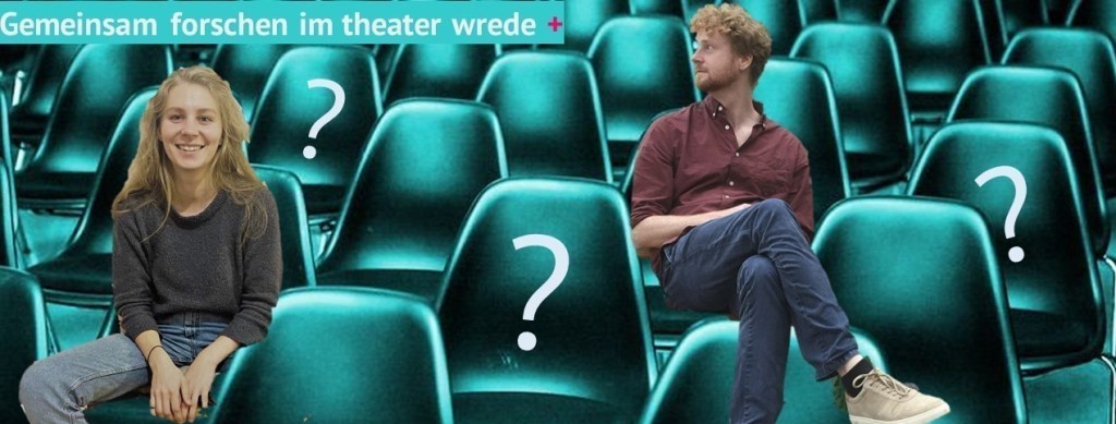 Eine Bildcollage: Kontext bildet ein Publikumstribühne. Auf verschiedene Stühle hineinmontiert sind Fragezeichen, sowie ein sitzendes Bild von Antonia Rehfueß, die direkt in die Kamera schaut und Benjamin Böcker im Profil. Er hat die Beine überschlagen. In der linken oberen Ecke steht: Gemeinsam forschen im theater wrede +
