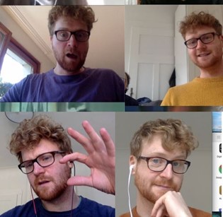 Das Foto zeigt Benjamin. Es sind vier Screenshots von Benjamin aus verschiedenen Zoom Calls. Benjamin trägt auf allen Bildern eine Brille. Er hat rötliches Haar und ist weiß In zwei Bildern hat er Kopfhörer auf. Er trägt Pullis in lila und orange. Auf einem Bild schaut er erschrocken, auf dem anderen flirtet er mit der Kamera. In einem anderen redet er gerade.